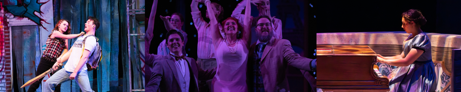  A composite image shows three scenes from different plays.  On the left, two actors are on a stage with a graffiti-covered wall backdrop. A young woman in a plaid shirt holds a baseball bat and grabs the shirt of a young man, who is leaning back.  In the center, a group of five actors is on a brightly lit stage. They are all smiling and have their arms raised in celebration.  On the right, a female actor in a blue dress with her hair tied back is seated at a wooden desk or bench, writing.