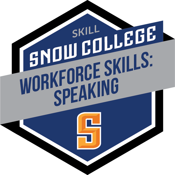 Hexagonal "badge" with Snow College logo and the word Speaking