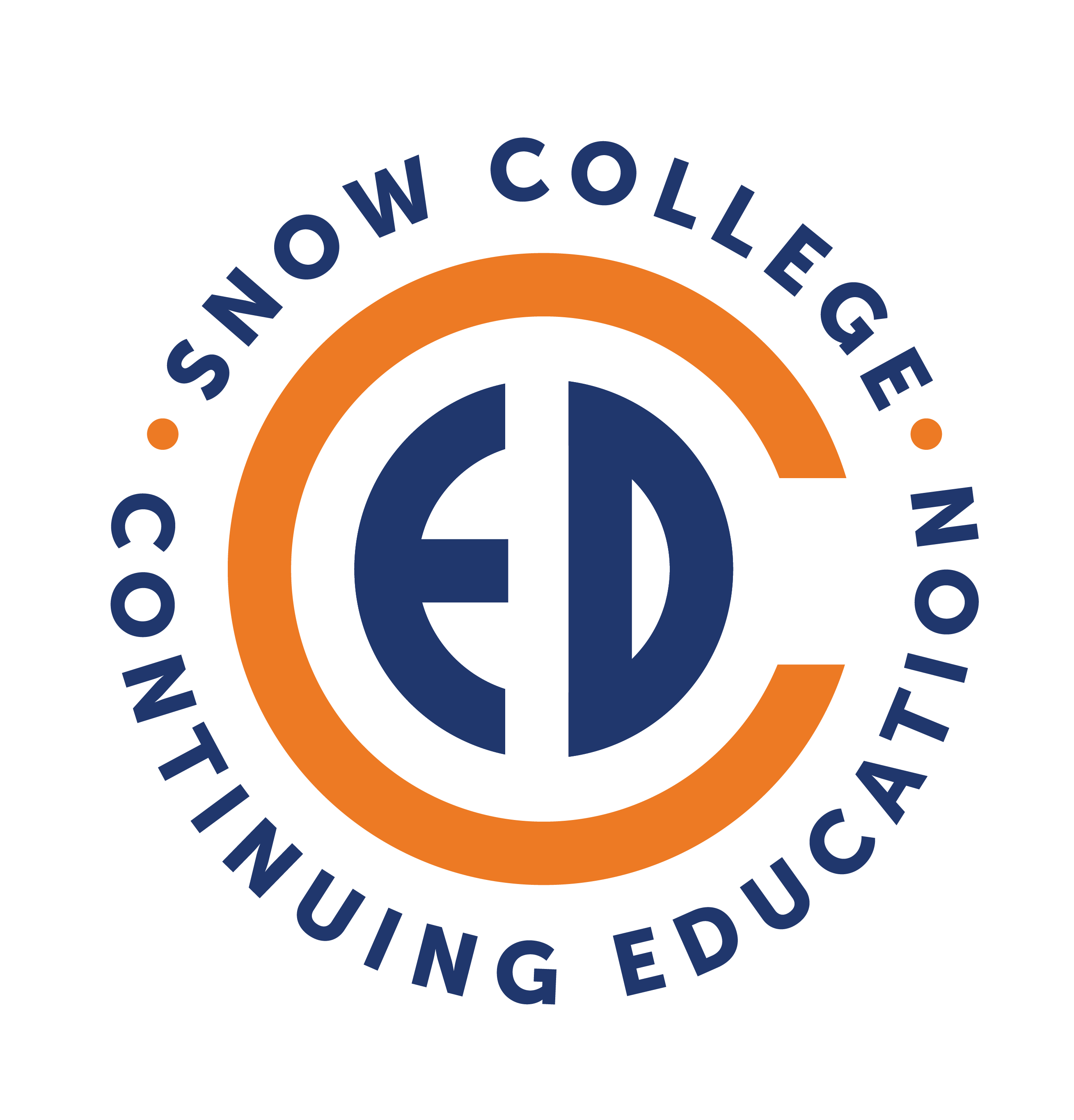 Continuing Ed logo A large orange C surronding a blue ED with Snow College and Continuing Education words around the outside circle.